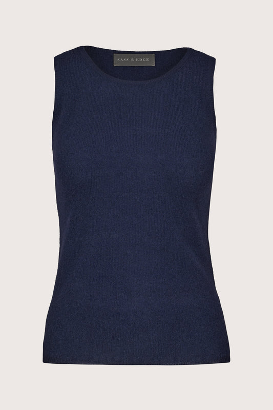 navy blue round neck cashmere sleeveless tank top
