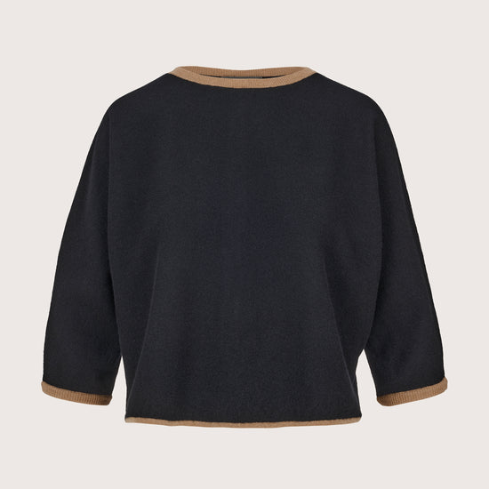 black crew neck cashmere boxy jumper with brown edging and button detailing at the rear