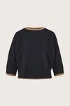 black crew neck cashmere boxy jumper with brown edging and button detailing at the rear