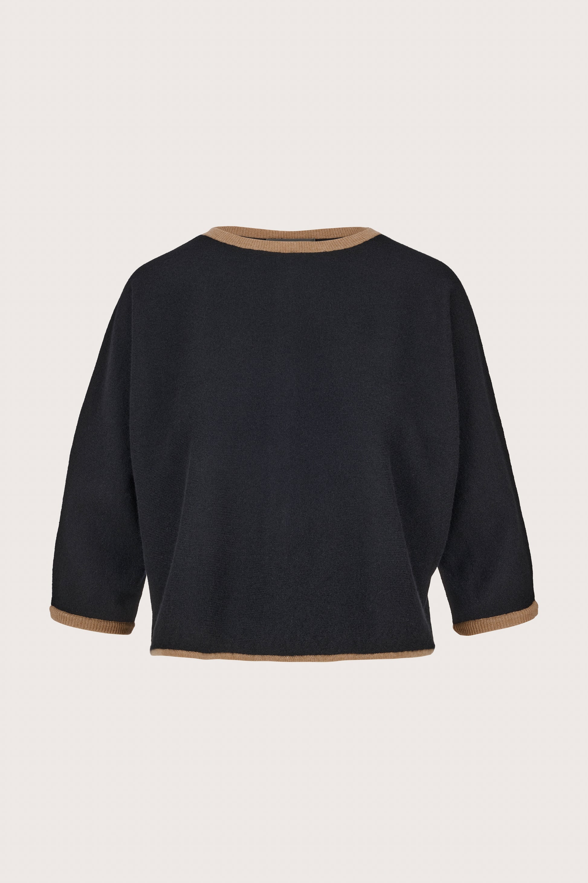 black crew neck cashmere boxy jumper with brown edging and button detailing at the rear
