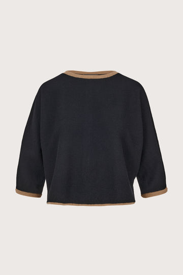 black crew neck cashmere boxy jumper with brown edging and button detailing at the rear
