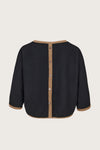 black crew neck cashmere boxy jumper with brown edging and button detailing at the rear rear view