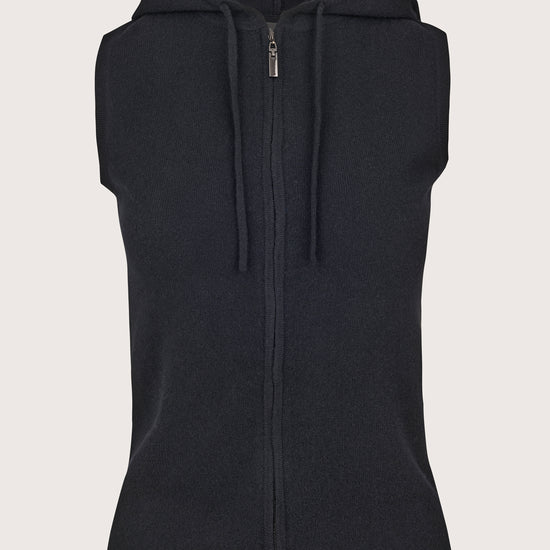 black cashmere sleeveless hooded knit with drawstring at the neck and zipped placket
