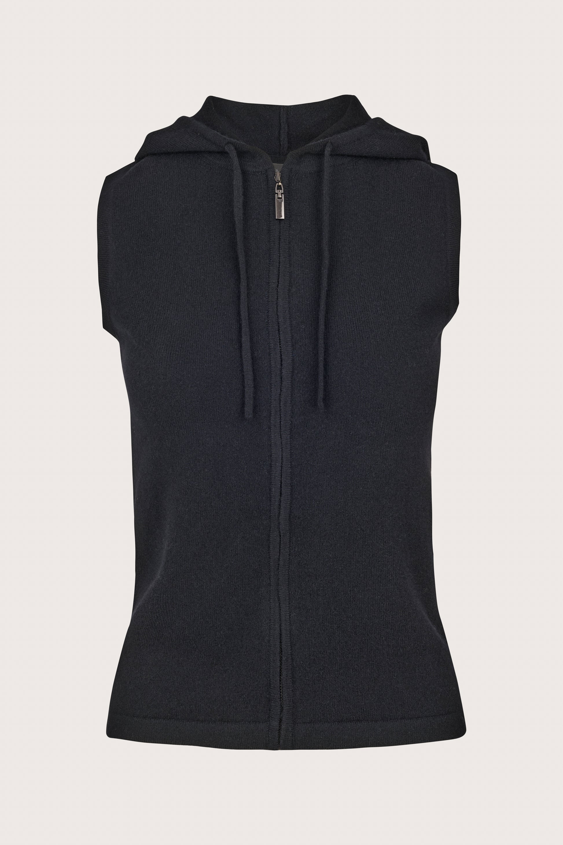 black cashmere sleeveless hooded knit with drawstring at the neck and zipped placket
