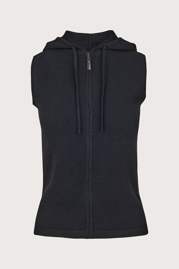 black cashmere sleeveless hooded knit with drawstring at the neck and zipped placket