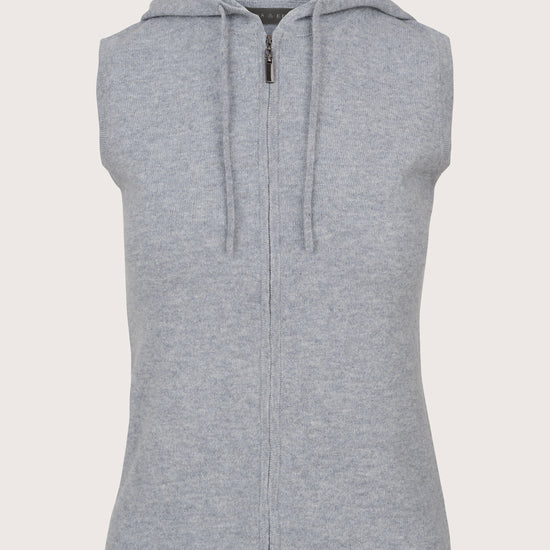 grey cashmere sleeveless hooded knit with drawstring at the neck and zipped placket