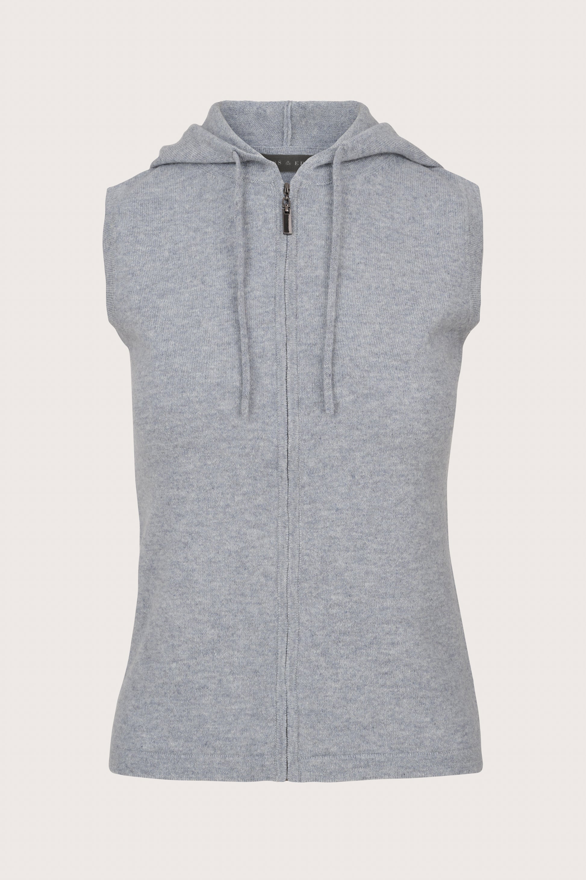 grey cashmere sleeveless hooded knit with drawstring at the neck and zipped placket