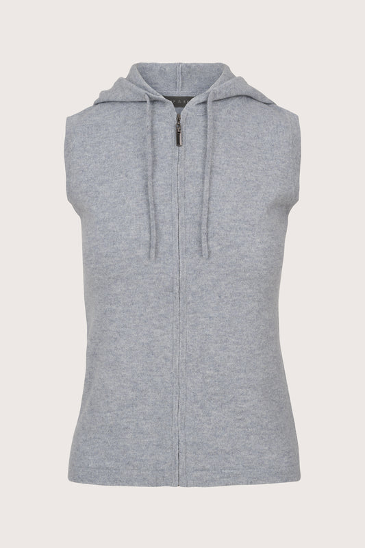 grey cashmere sleeveless hooded knit with drawstring at the neck and zipped placket