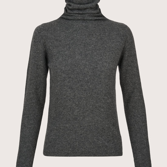 dark grey roll neck cashmere jumper
