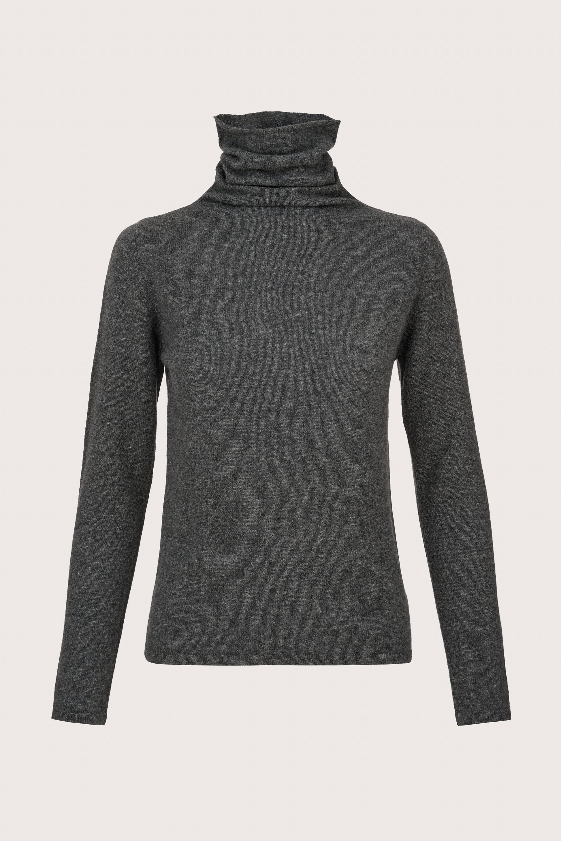 dark grey roll neck cashmere jumper