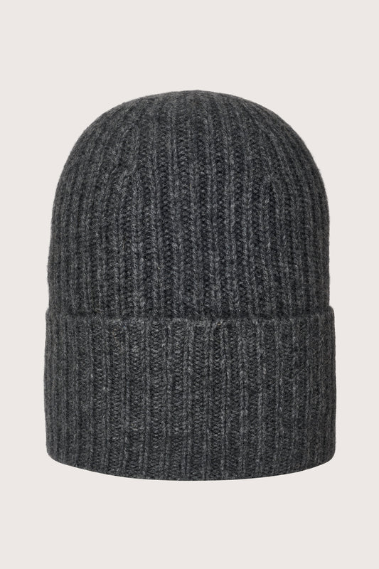 dark grey ribbed cashmere beanie with turn up