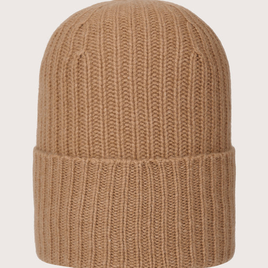 brown ribbed cashmere beanie with turn up
