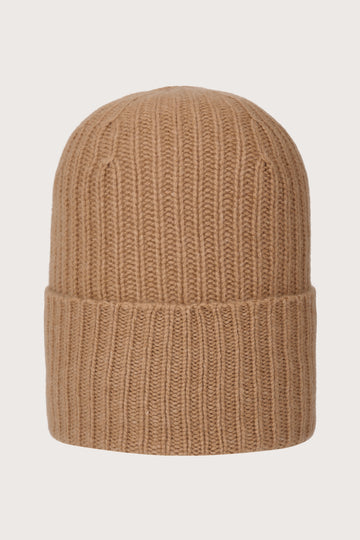 brown ribbed cashmere beanie with turn up