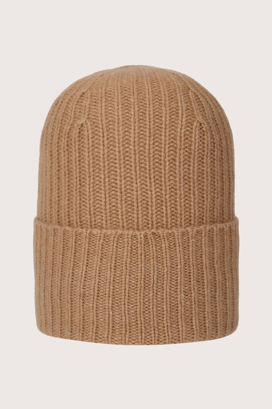 brown ribbed cashmere beanie with turn up