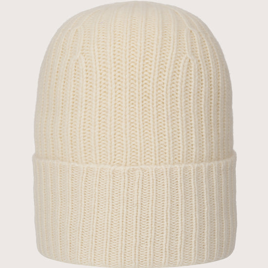 white ribbed cashmere beanie with turn up 