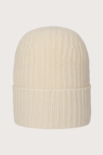 white ribbed cashmere beanie with turn up 
