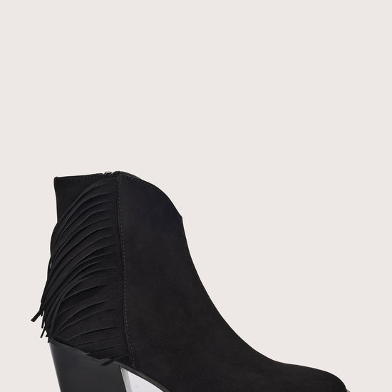 black suede western heeled ankle boot with fringe detailing and chunky heel from donna lei