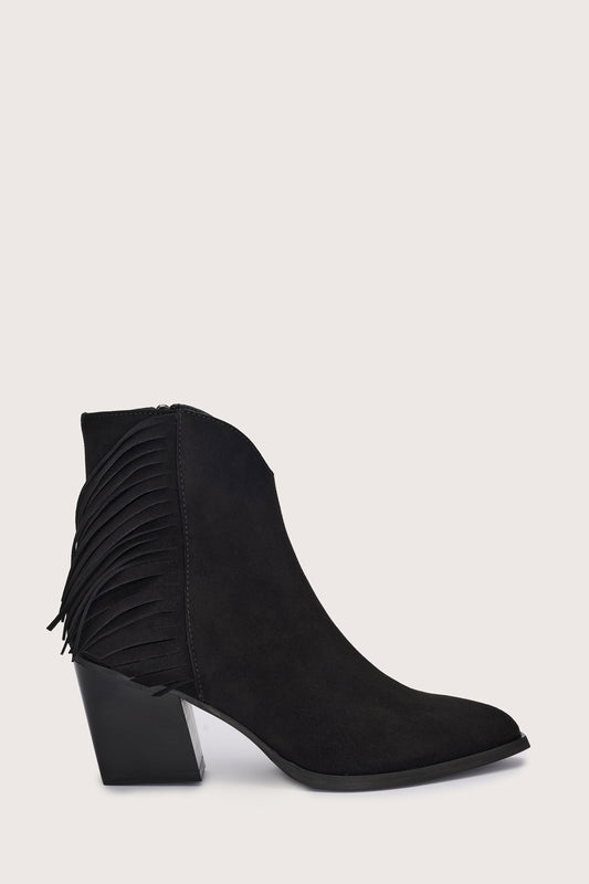 black suede western heeled ankle boot with fringe detailing and chunky heel from donna lei