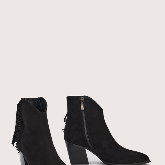 black suede western heeled ankle boot with fringe detailing and chunky heel from donna lei front view