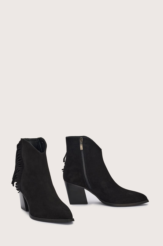 black suede western heeled ankle boot with fringe detailing and chunky heel from donna lei front view