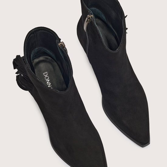 black suede western heeled ankle boot with fringe detailing and chunky heel from donna lei birds eye view