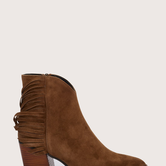 tan suede western heeled ankle boot with fringe detailing and chunky heel from donna lei