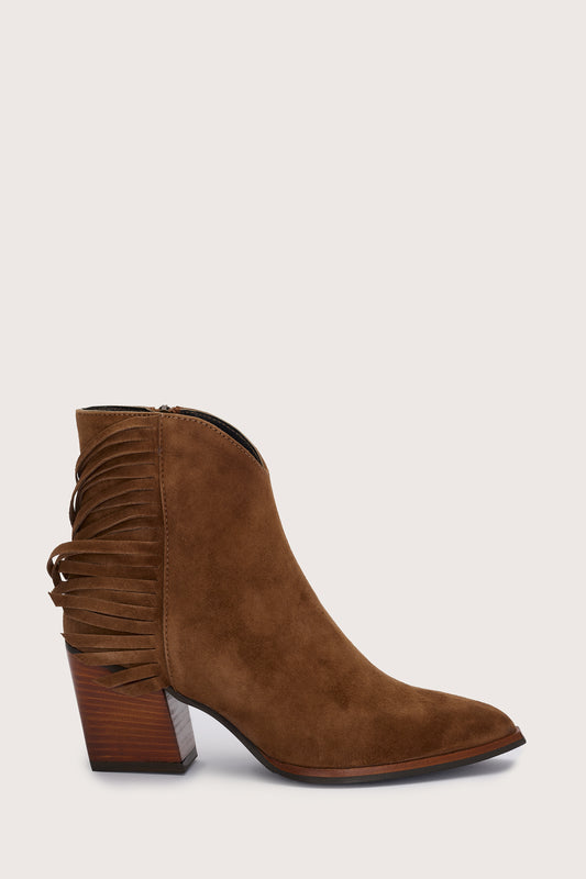 tan suede western heeled ankle boot with fringe detailing and chunky heel from donna lei