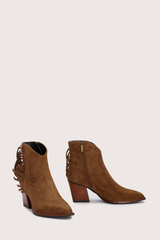tan suede western heeled ankle boot with fringe detailing and chunky heel from donna lei front view