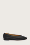 Black leather ballet flats with squared toe and v shaped toe shape from donna lei 
