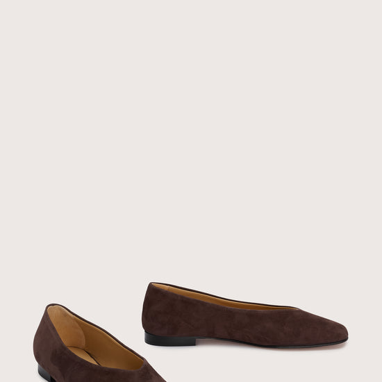 chocolate brown suede ballet flats with squared toe and v shaped toe shape from donna lei  front view