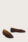 chocolate brown suede ballet flats with squared toe and v shaped toe shape from donna lei  front view