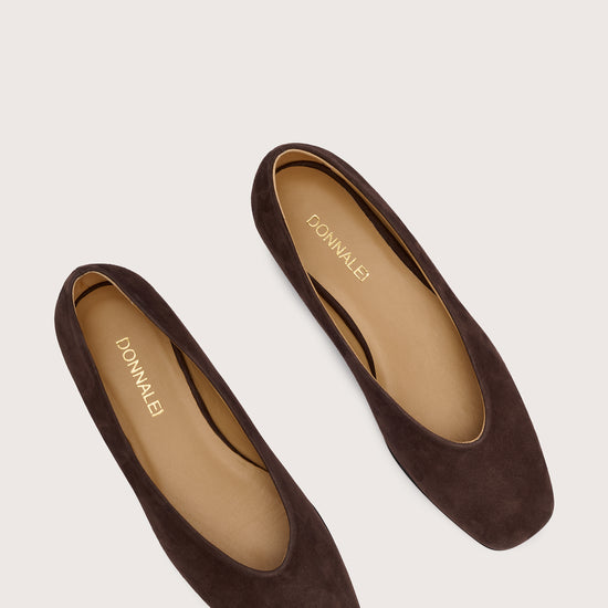 chocolate brown suede ballet flats with squared toe and v shaped toe shape from donna lei  birds eye view
