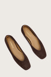chocolate brown suede ballet flats with squared toe and v shaped toe shape from donna lei  birds eye view