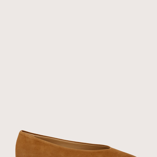 tan suede ballet flats with squared toe and v shaped toe shape from donna lei 