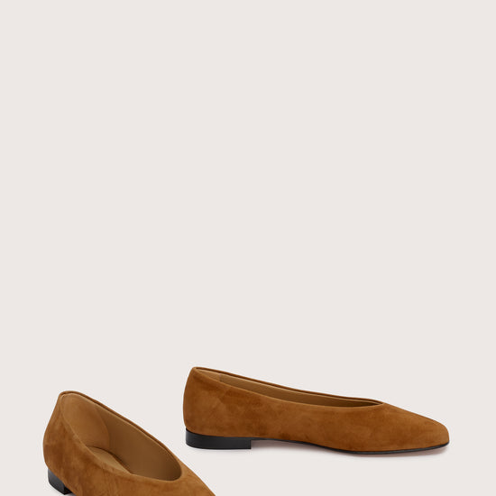 tan suede ballet flats with squared toe and v shaped toe shape from donna lei front view