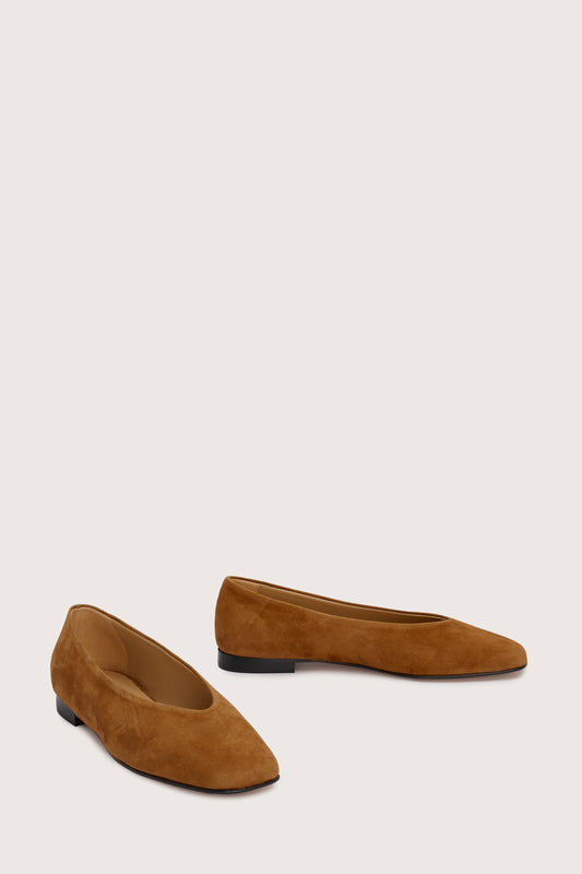 tan suede ballet flats with squared toe and v shaped toe shape from donna lei front view
