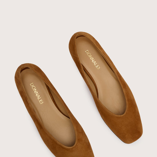tan suede ballet flats with squared toe and v shaped toe shape from donna lei birds eye view