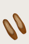 tan suede ballet flats with squared toe and v shaped toe shape from donna lei birds eye view