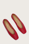 red leather ballet flats with v shaped toe shape birds eye view