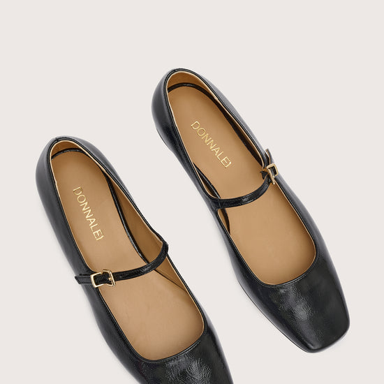 black patent leather square toe mary janes from donna lei birds eye view