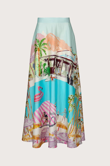 Full circle silk skirt with hand painted design including a pool scene and flamingos from Jessica Russel Flint