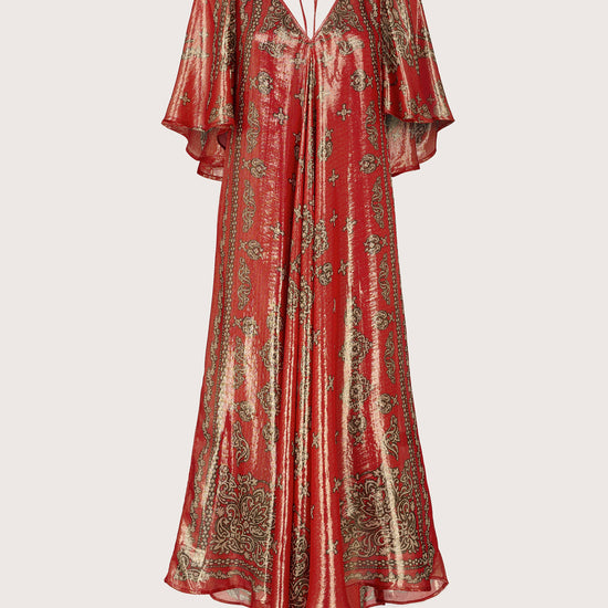 Red and gold V neck gown with flutter sleeves and shaped hem