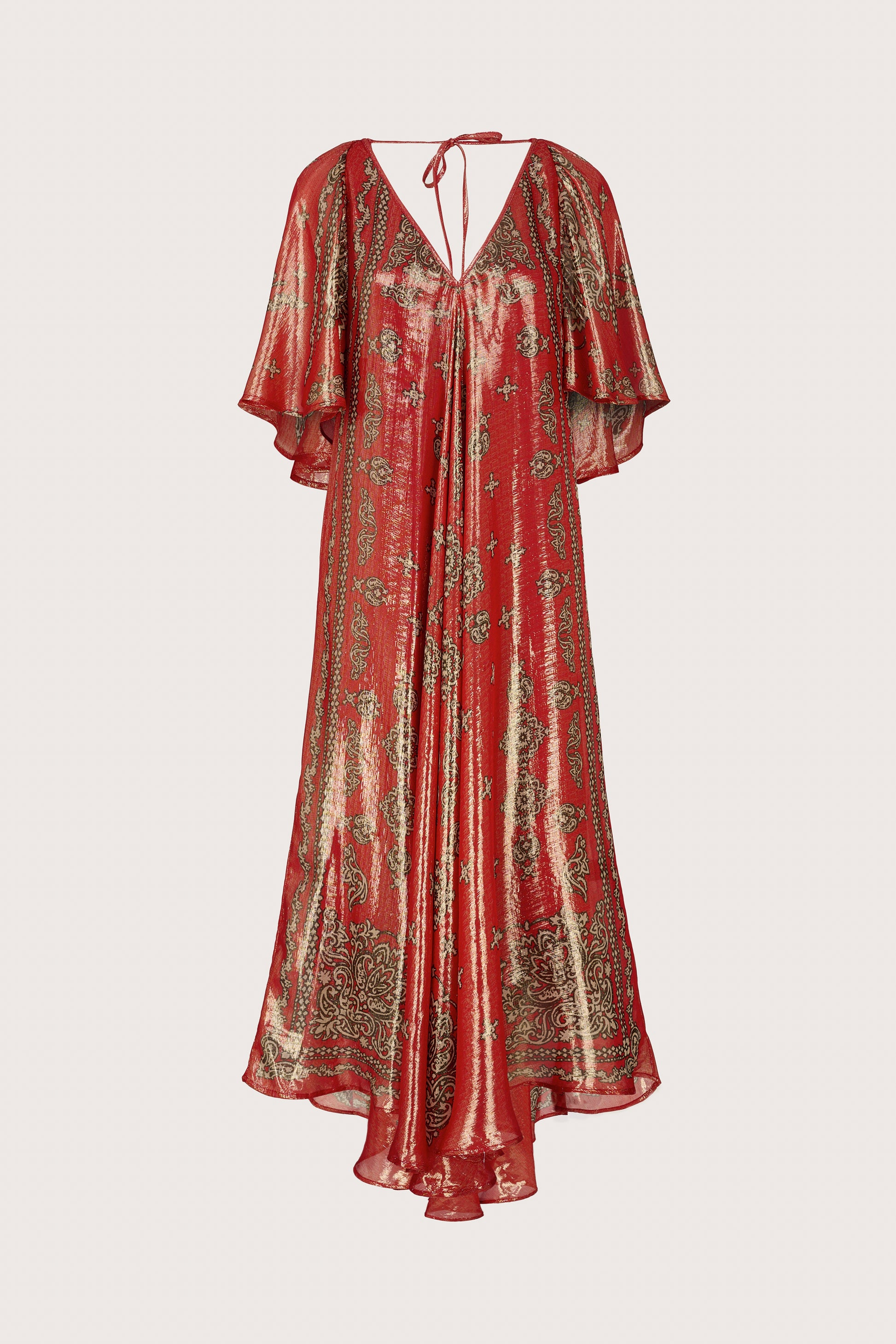 Red and gold V neck gown with flutter sleeves and shaped hem