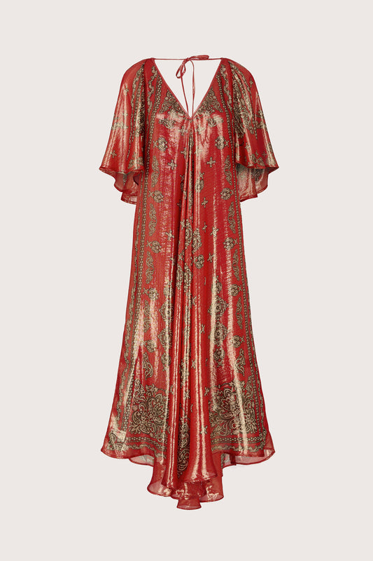 Red and gold V neck gown with flutter sleeves and shaped hem