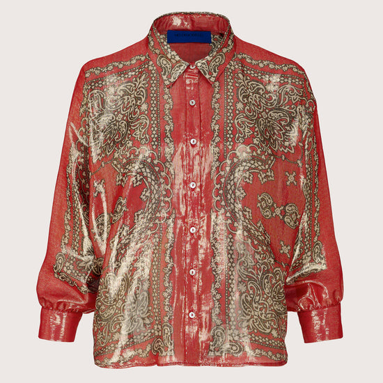 Red and gold print shirt with batwing sleeves