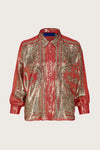 Red and gold print shirt with batwing sleeves