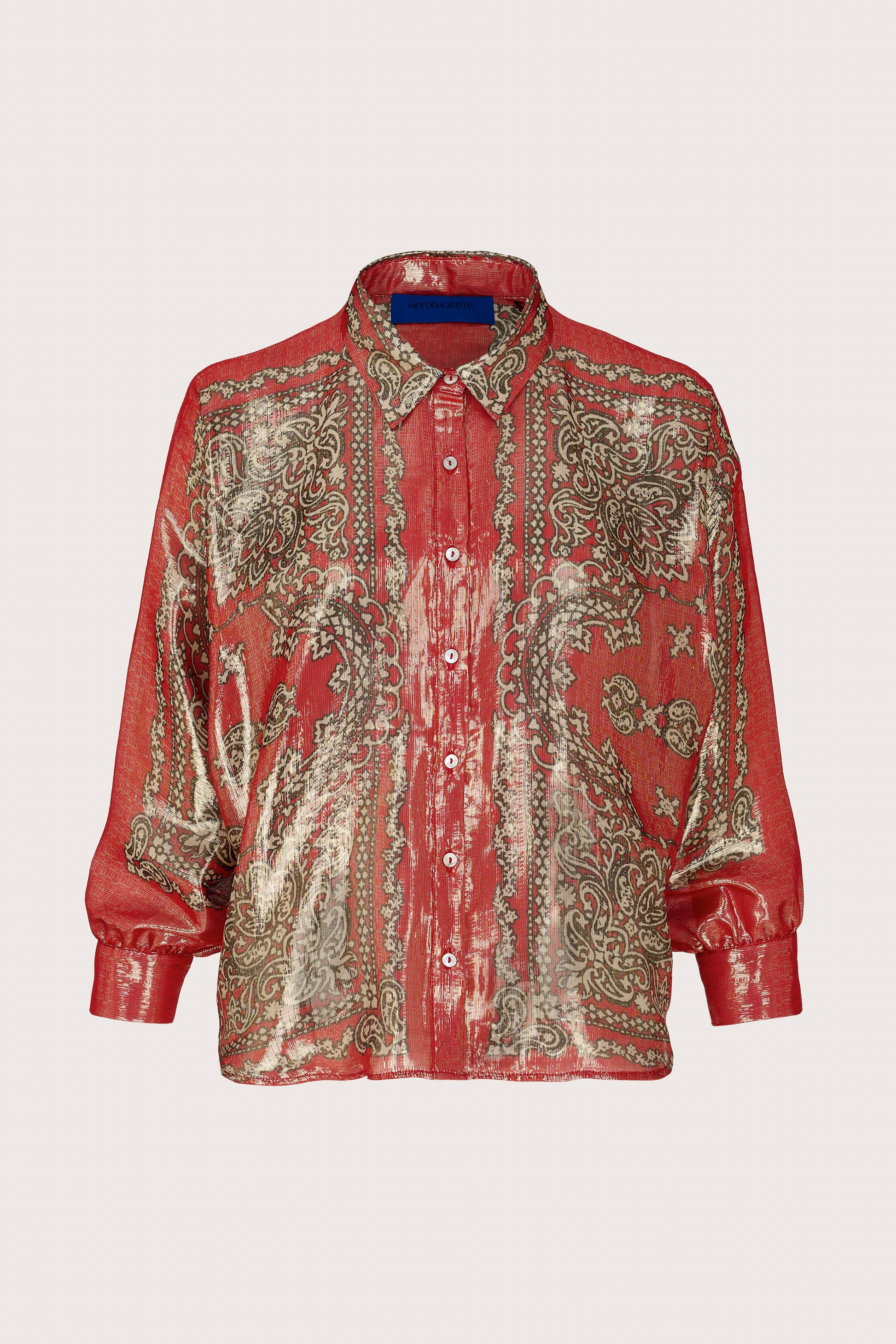 Red and gold print shirt with batwing sleeves
