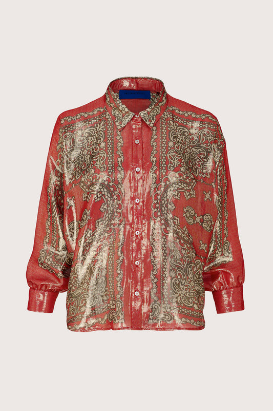 Red and gold print shirt with batwing sleeves