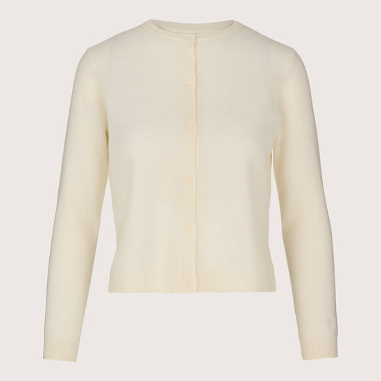 Cream cashmere cardigan with round neck and long sleeves