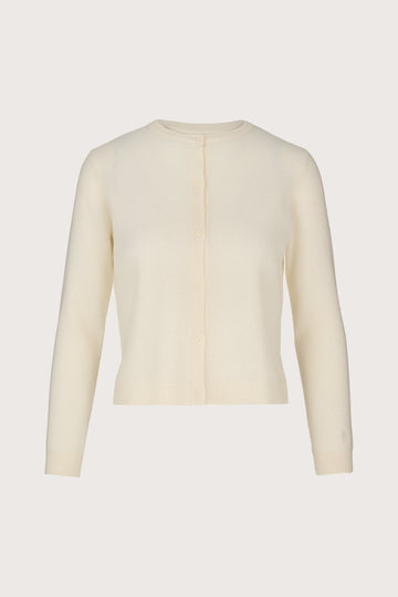 Cream cashmere cardigan with round neck and long sleeves